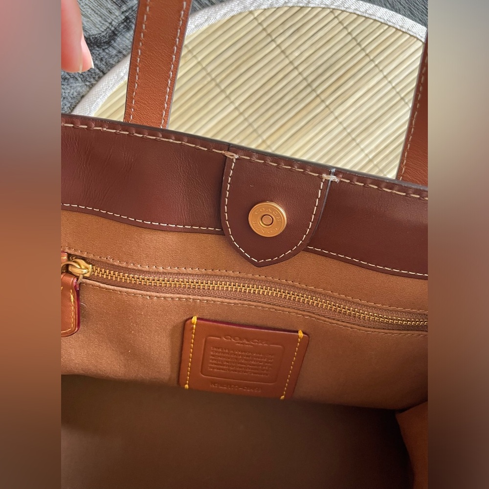 Coach Leatherware Two-Tone Canvas Tote in Beige and Brown with Orange Strap - Picture 6 of 8